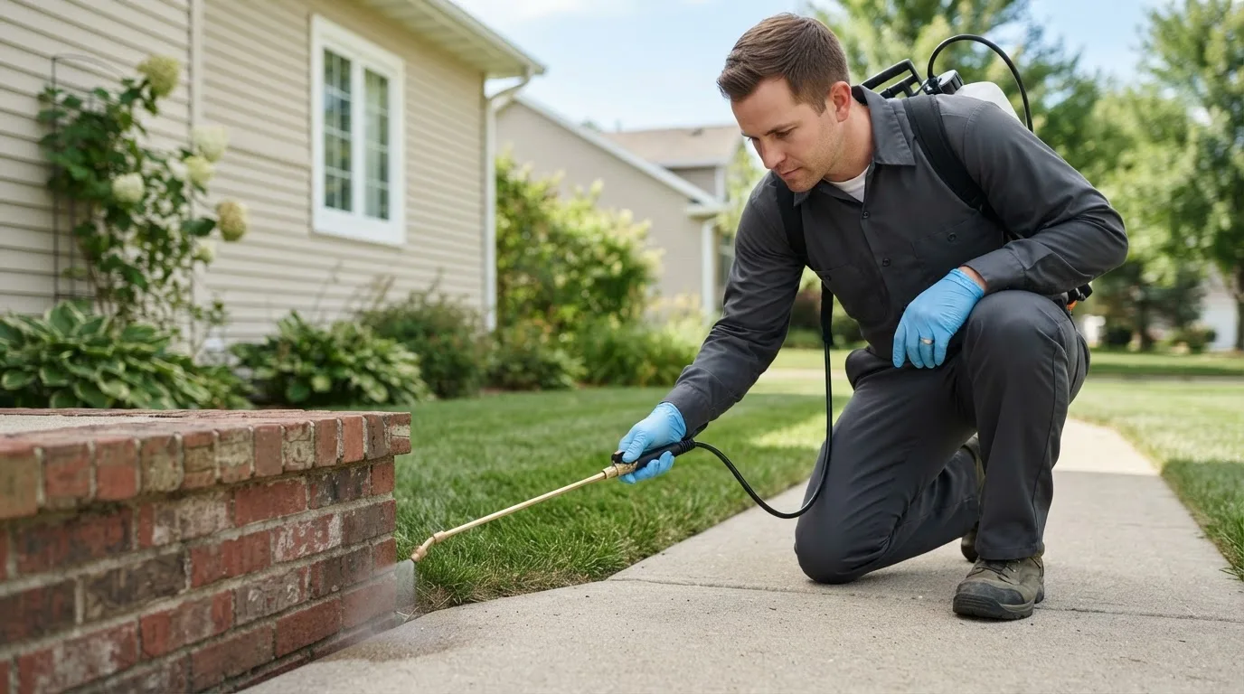 Pest control technician treating a home near Duncan Falls, OH